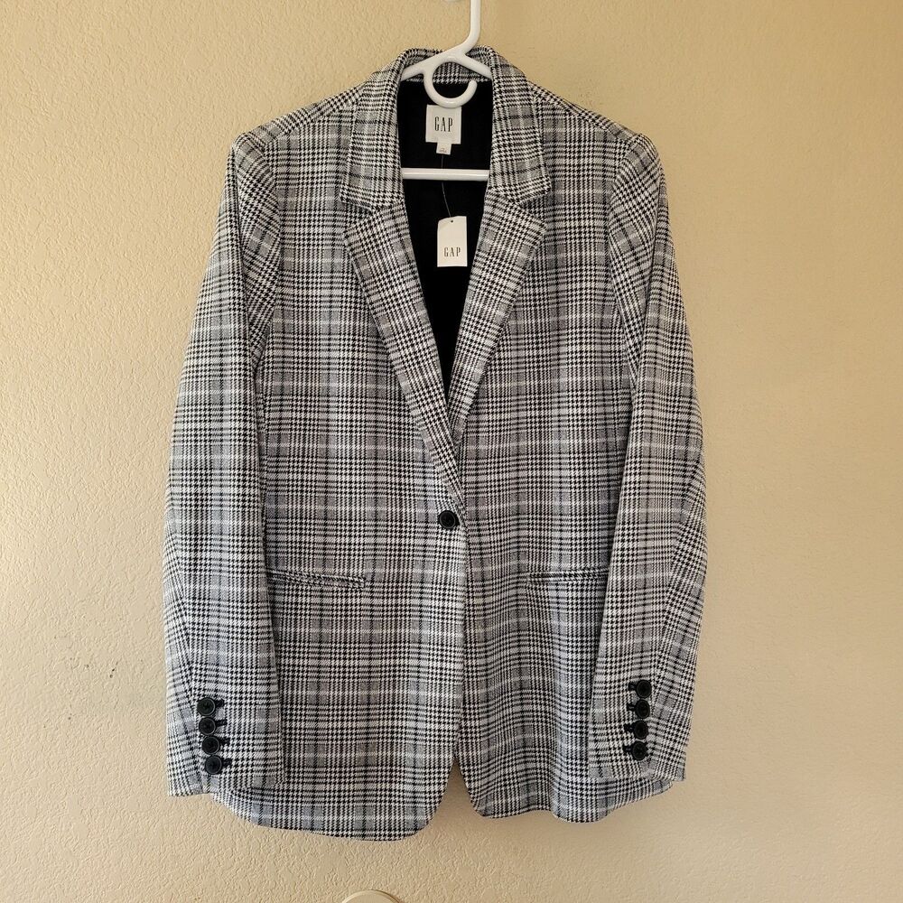 Gap Womens Houndstooth Sport Coat Blazer Size 14 Black White One Button NWT